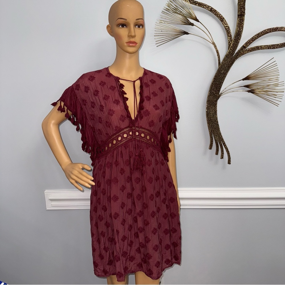 Dixie Burgundy Tassel Sleeveless Embroidered Cover-Up Mini Dress Size M